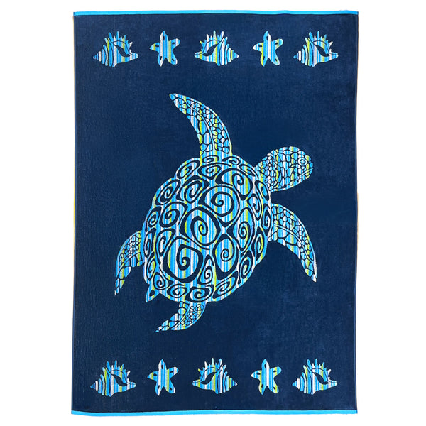 Serviette de plage éponge velours Jacquard bleu Calypso - Le Comptoir de la Plage